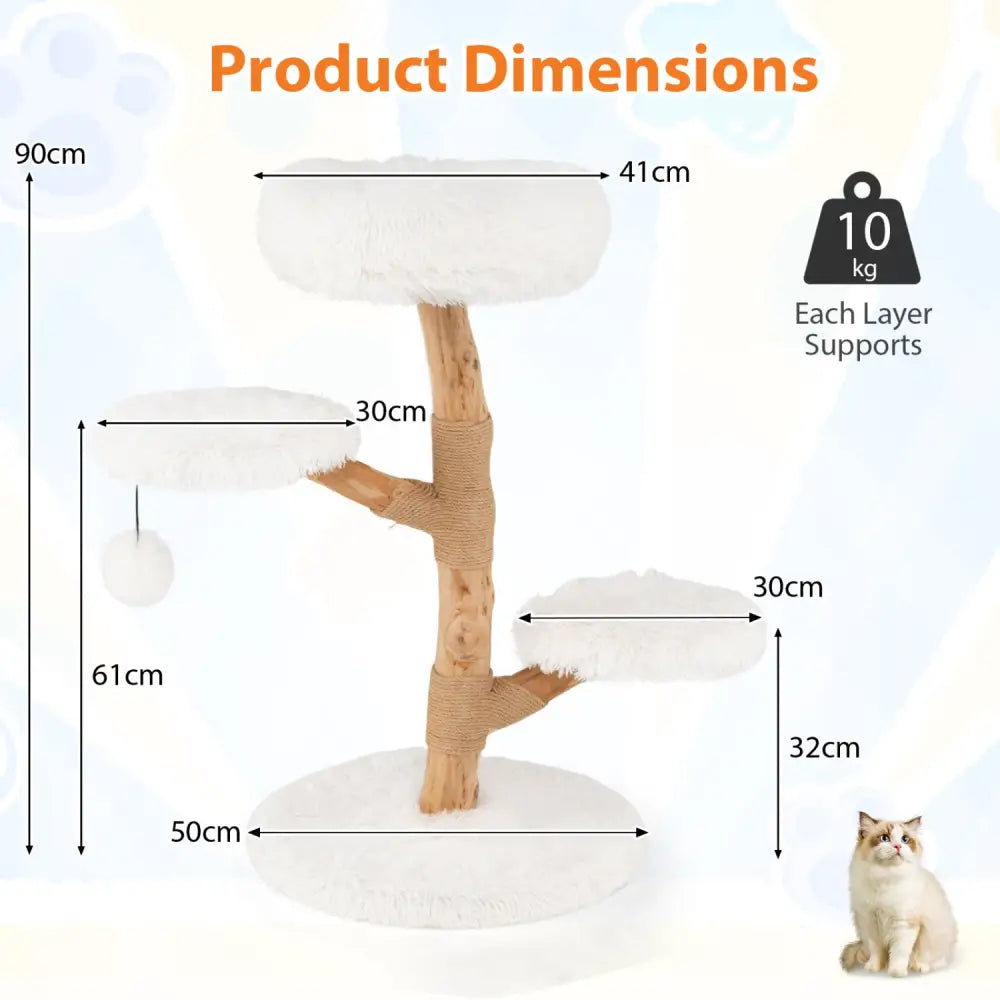 Cat Tree Solid Pear Wood with Perch and Natural Jute Scratching Posts-White - White - Cat Trees Condos & Scratchers