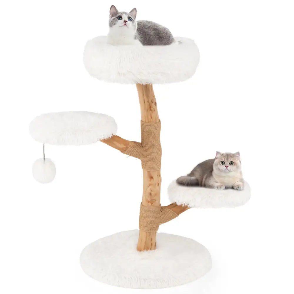 Cat Tree Solid Pear Wood with Perch and Natural Jute Scratching Posts-White - White - Cat Trees Condos & Scratchers