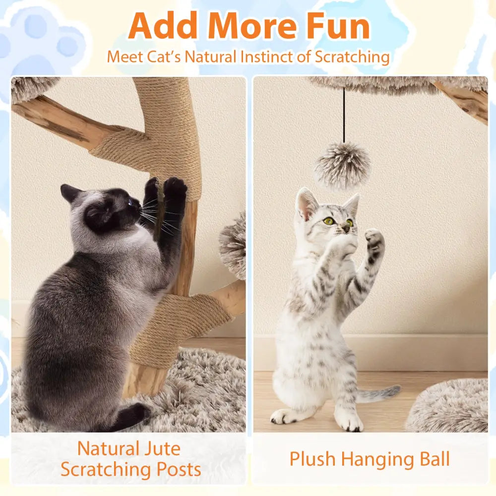 Cat Tree Solid Pear Wood with Perch and Natural Jute Scratching Posts-Brown - Brown - Cat Trees Condos & Scratchers