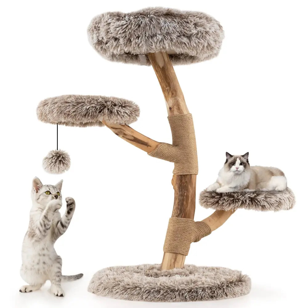 Cat Tree Solid Pear Wood with Perch and Natural Jute Scratching Posts-Brown - Brown - Cat Trees Condos & Scratchers