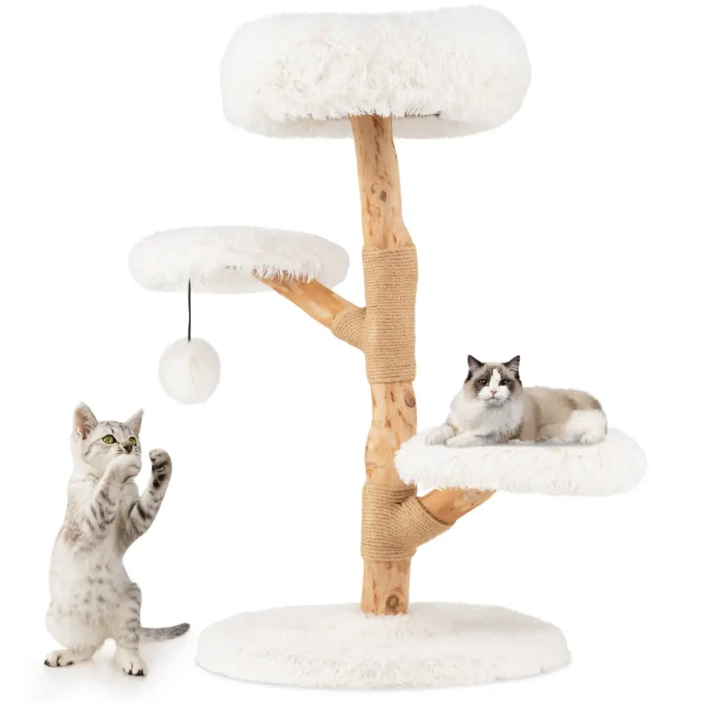 Cat Tree Solid Pear Wood with Perch and Natural Jute Scratching Posts-White - White - Cat Trees Condos & Scratchers