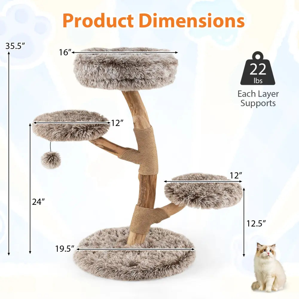 Cat Tree Solid Pear Wood with Perch and Natural Jute Scratching Posts-Brown - Brown - Cat Trees Condos & Scratchers