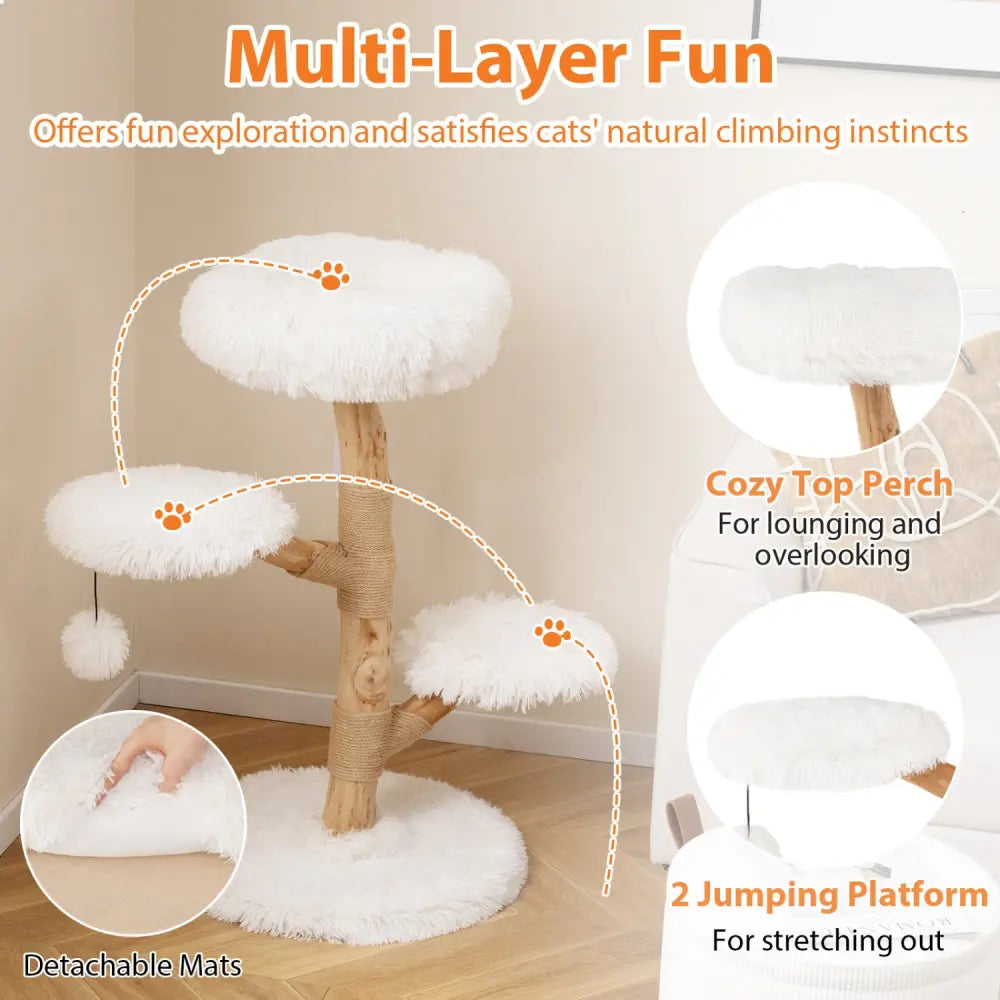 Cat Tree Solid Pear Wood with Perch and Natural Jute Scratching Posts-White - White - Cat Trees Condos & Scratchers