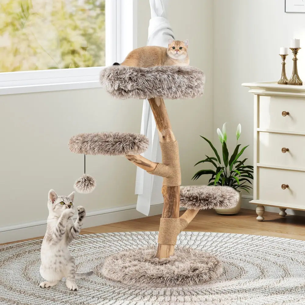 Cat Tree Solid Pear Wood with Perch and Natural Jute Scratching Posts-Brown - Brown - Cat Trees Condos & Scratchers