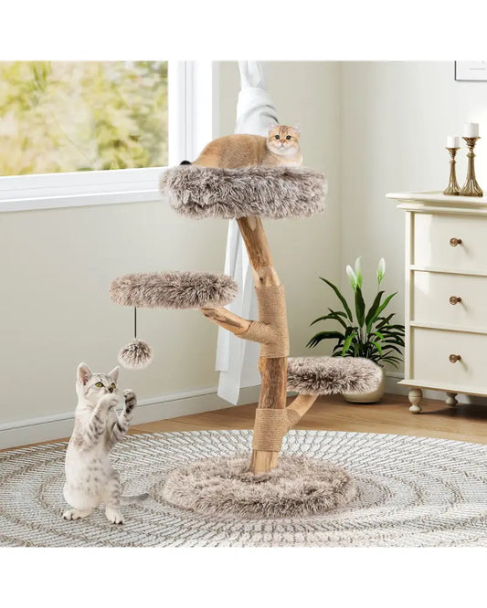 Cat Tree Solid Pear Wood with Perch and Natural Jute Scratching Posts-Brown - Brown - Cat Trees Condos & Scratchers