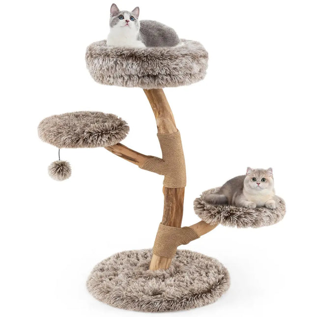 Cat Tree Solid Pear Wood with Perch and Natural Jute Scratching Posts - Brown - Oasis Home Essentials