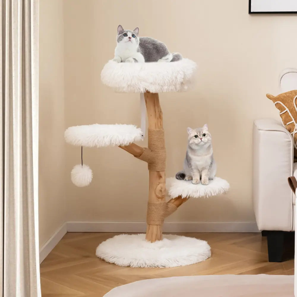 Cat Tree Solid Pear Wood with Perch and Natural Jute Scratching Posts-White - White - Cat Trees Condos & Scratchers