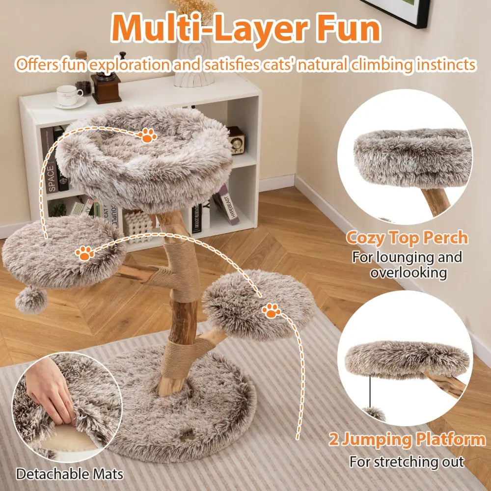 Cat Tree Solid Pear Wood with Perch and Natural Jute Scratching Posts-Brown - Brown - Cat Trees Condos & Scratchers