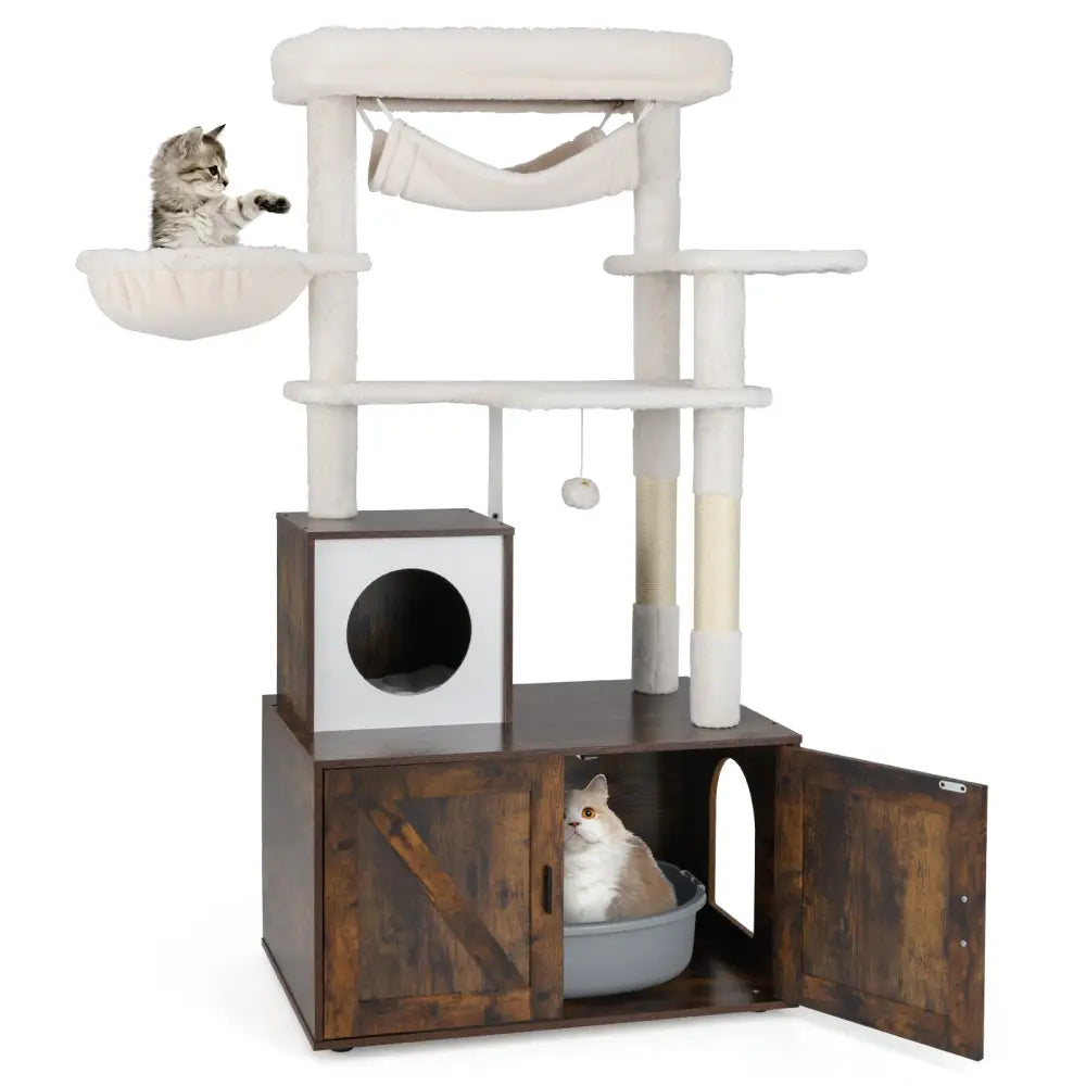 Cat Tree with Litter Box Enclosure for Indoor Cats-Rustic Brown - Rustic Brown - Cat Trees Condos & Scratchers