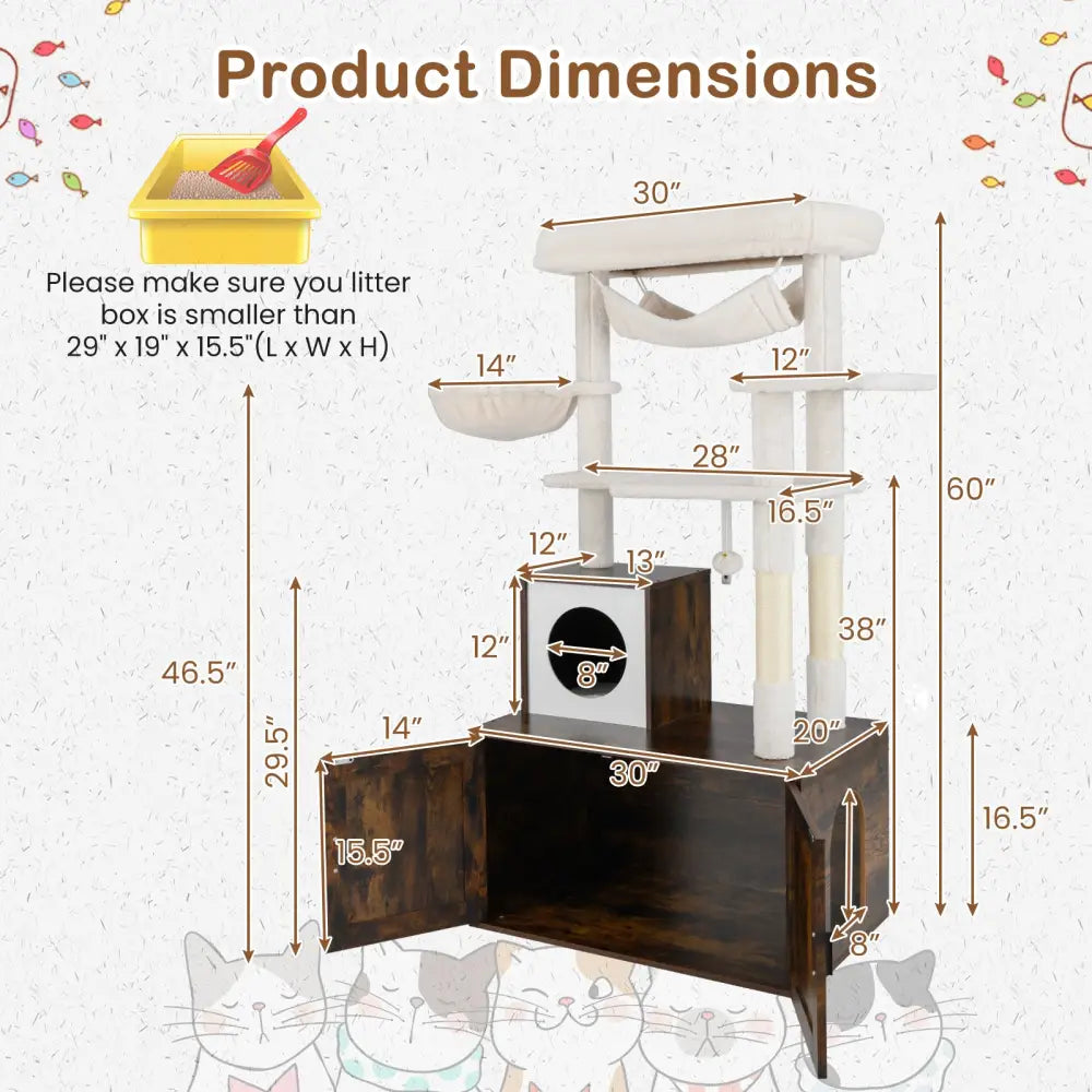 Cat Tree with Litter Box Enclosure for Indoor Cats-Rustic Brown - Rustic Brown - Cat Trees Condos & Scratchers
