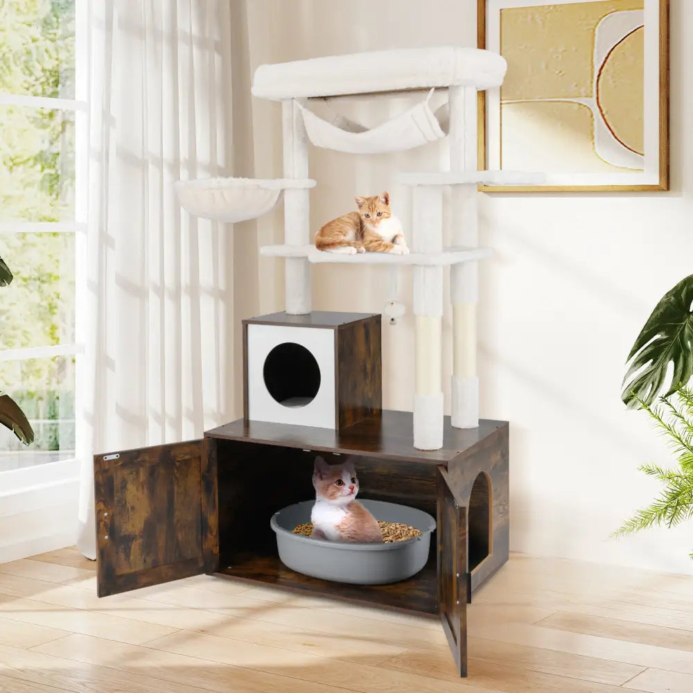 Cat Tree with Litter Box Enclosure for Indoor Cats-Rustic Brown - Rustic Brown - Cat Trees Condos & Scratchers
