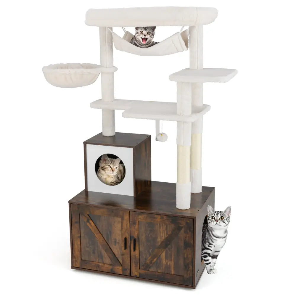 Cat Tree with Litter Box Enclosure for Indoor Cats-Rustic Brown - Rustic Brown - Cat Trees Condos & Scratchers