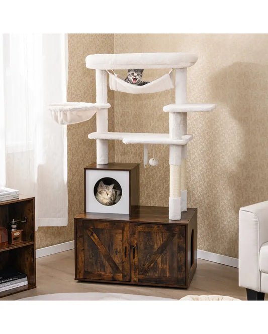 Cat Tree with Litter Box Enclosure for Indoor Cats-Rustic Brown - Rustic Brown - Cat Trees Condos & Scratchers