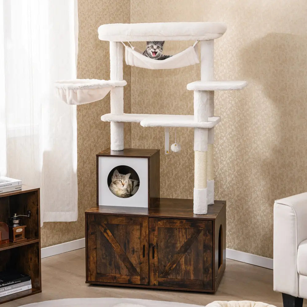 Cat Tree with Litter Box Enclosure for Indoor Cats-Rustic Brown - Rustic Brown - Cat Trees Condos & Scratchers
