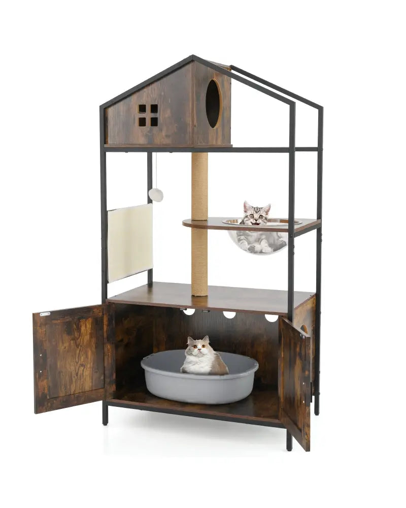 Cat Tree with Litter Box Enclosure Industrial Cat Tower Multi-level Cat Condo Furniture for Indoor Cats-Rustic Brown