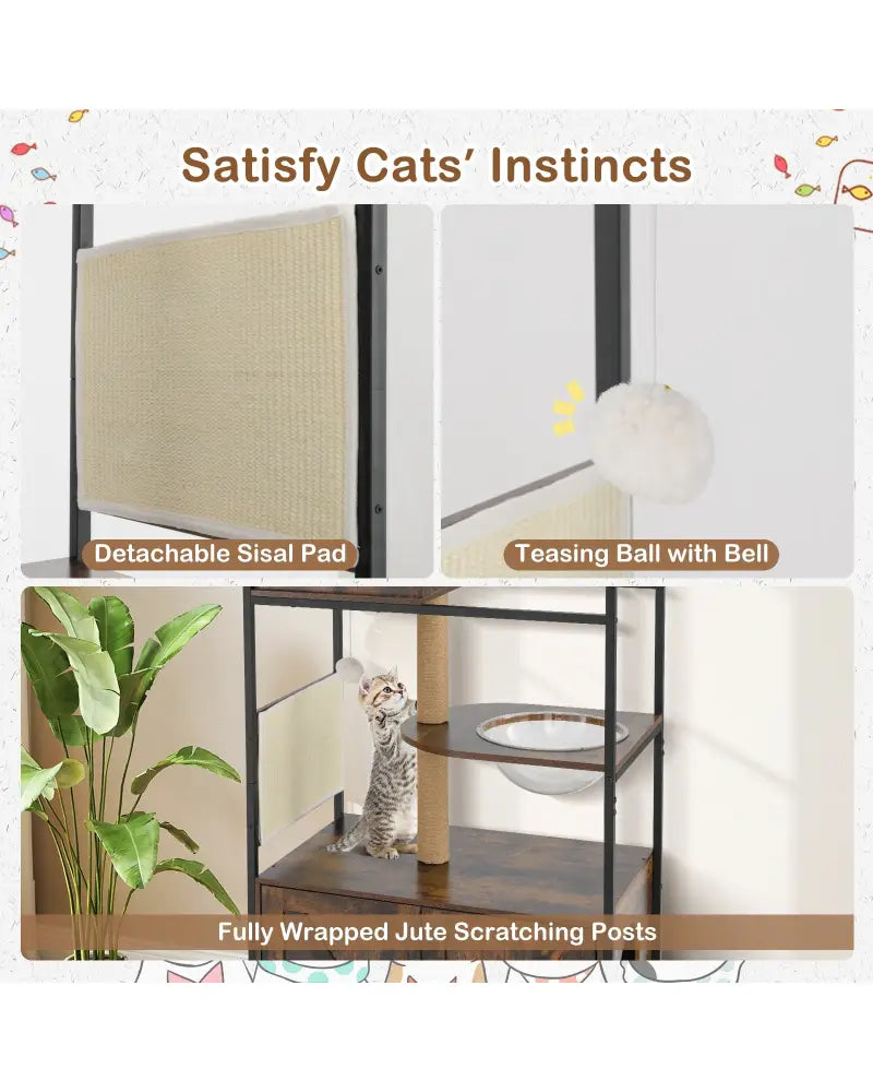 Cat Tree with Litter Box Enclosure Industrial Cat Tower Multi-level Cat Condo Furniture for Indoor Cats-Rustic Brown
