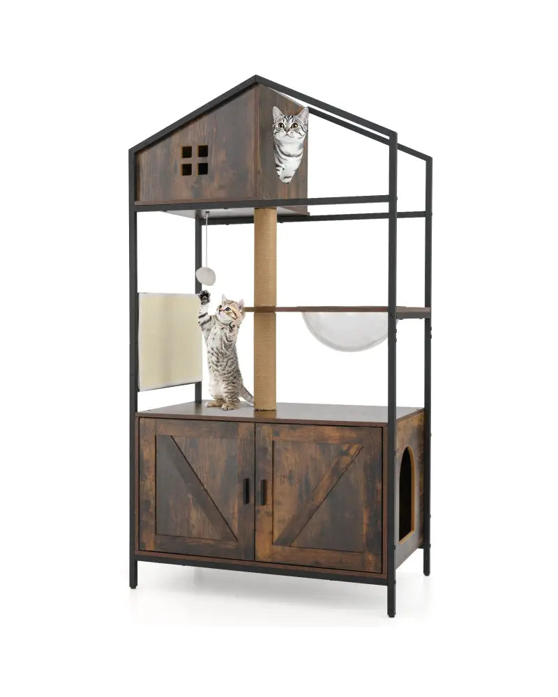 Cat Tree with Litter Box Enclosure Industrial Cat Tower Multi-level Cat Condo Furniture for Indoor Cats-Rustic Brown