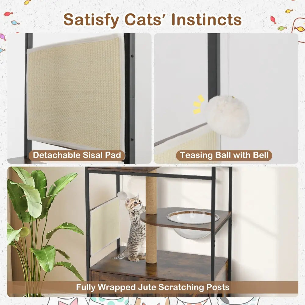Cat Tree with Litter Box Enclosure Industrial Cat Tower Multi-level Cat Condo Furniture for Indoor Cats-Rustic Brown