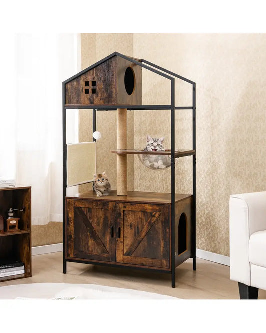 Cat Tree with Litter Box Enclosure Industrial Cat Tower Multi-level Cat Condo Furniture for Indoor Cats-Rustic Brown