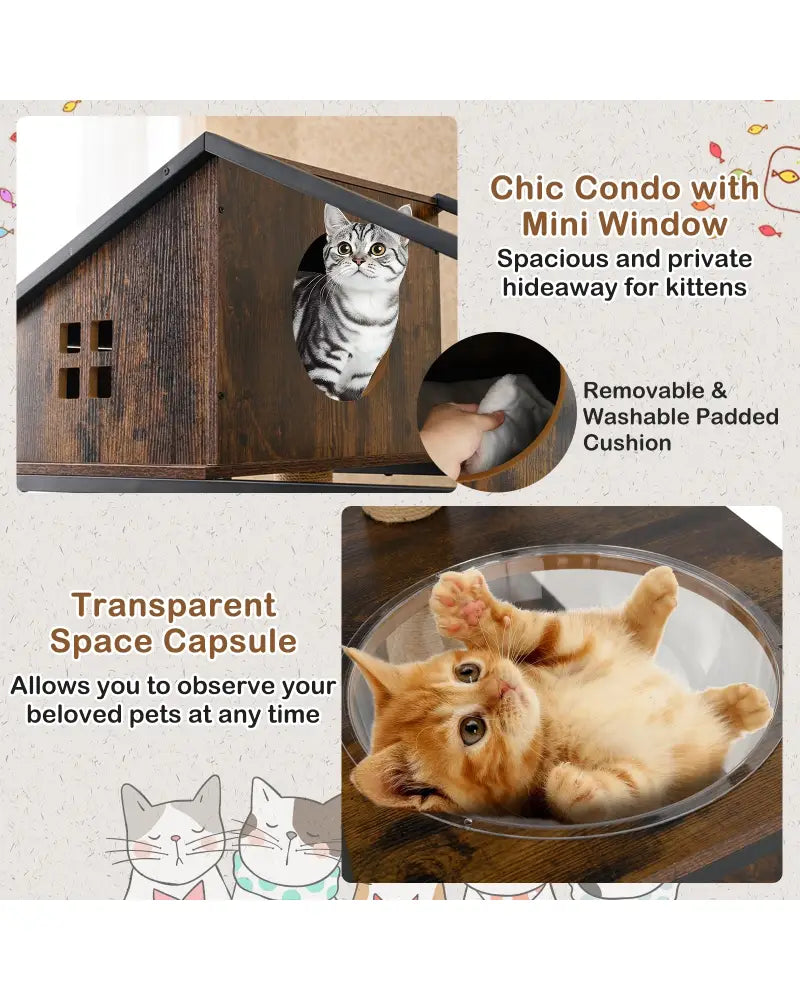 Cat Tree with Litter Box Enclosure Industrial Cat Tower Multi-level Cat Condo Furniture for Indoor Cats-Rustic Brown