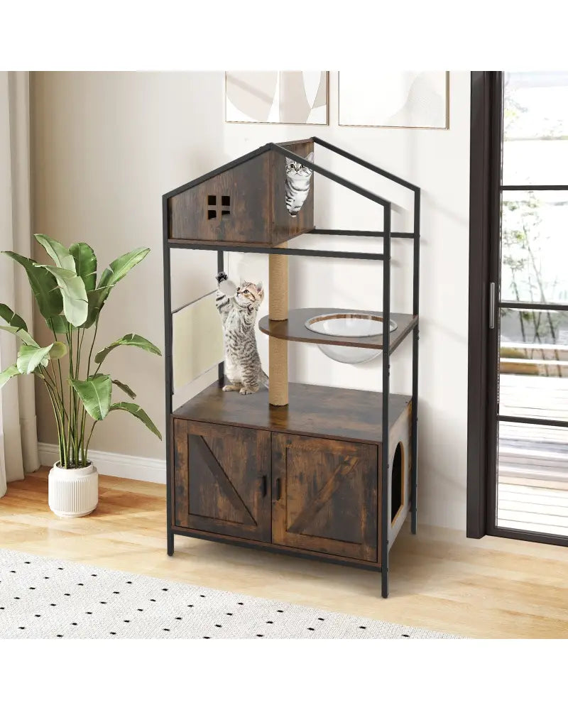 Cat Tree with Litter Box Enclosure Industrial Cat Tower Multi-level Cat Condo Furniture for Indoor Cats-Rustic Brown