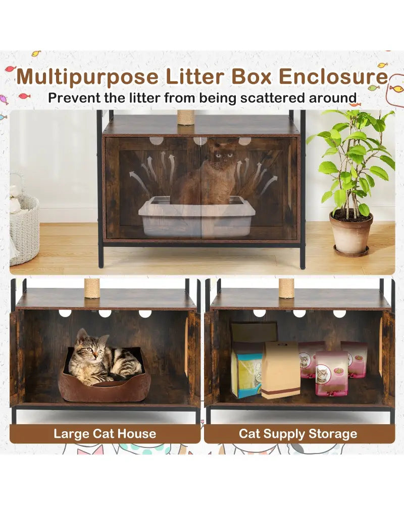 Cat Tree with Litter Box Enclosure Industrial Cat Tower Multi-level Cat Condo Furniture for Indoor Cats-Rustic Brown