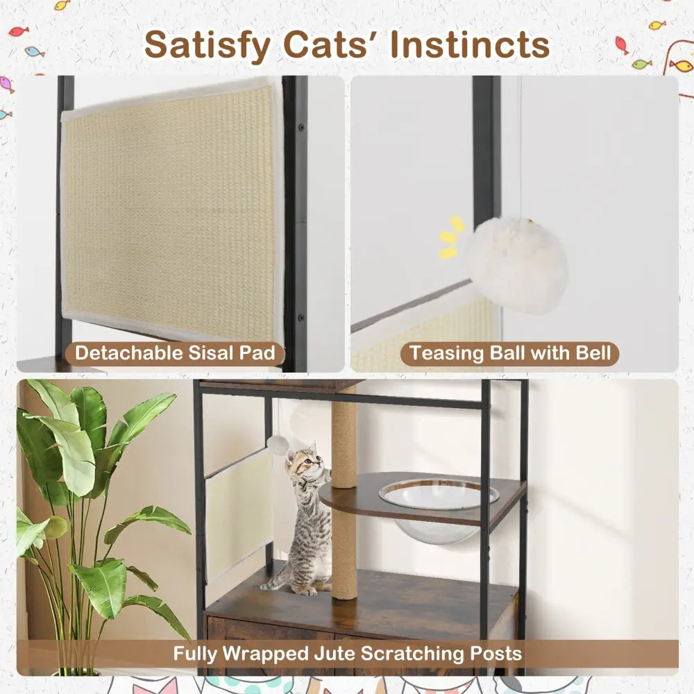 Cat Tree with Litter Box Enclosure Industrial Cat Tower Multi-level Cat Condo Furniture for Indoor Cats-Rustic Brown
