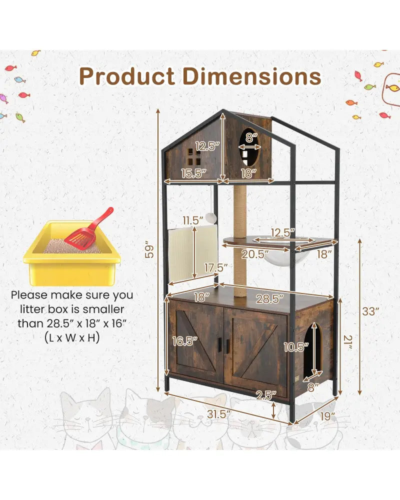 Cat Tree with Litter Box Enclosure Industrial Cat Tower Multi-level Cat Condo Furniture for Indoor Cats-Rustic Brown