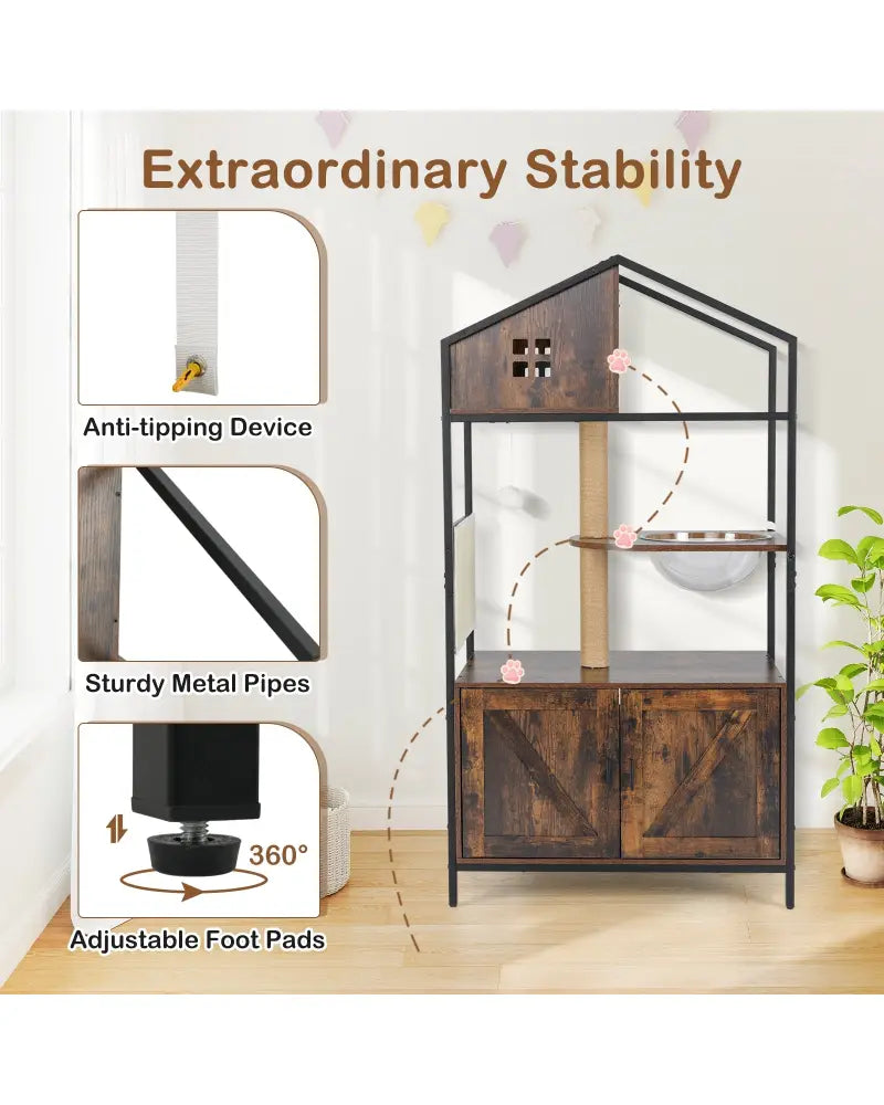 Cat Tree with Litter Box Enclosure Industrial Cat Tower Multi-level Cat Condo Furniture for Indoor Cats-Rustic Brown