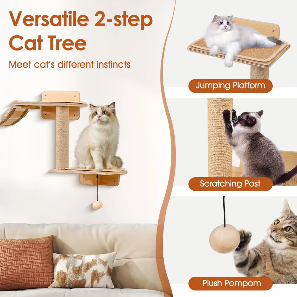 Cat Wall Furniture Set Kitten Wall Mounted Shelves with Hammock-Natural - Natural - Cat Trees Condos & Scratchers