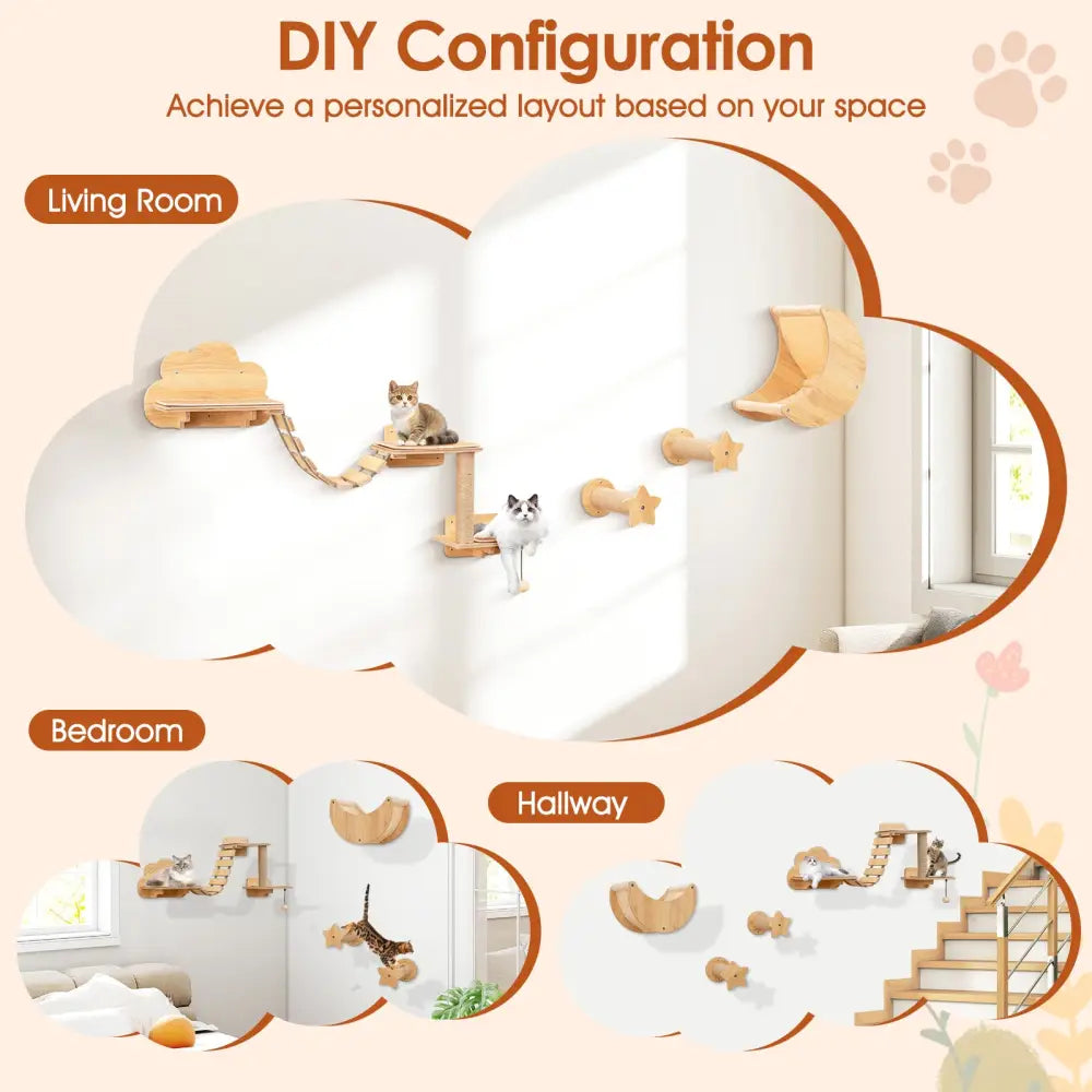 Cat Wall Furniture Set Kitten Wall Mounted Shelves with Hammock-Natural - Natural - Cat Trees Condos & Scratchers