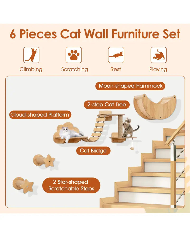 Cat Wall Furniture Set Kitten Wall Mounted Shelves with Hammock-Natural - Natural - Cat Trees Condos & Scratchers