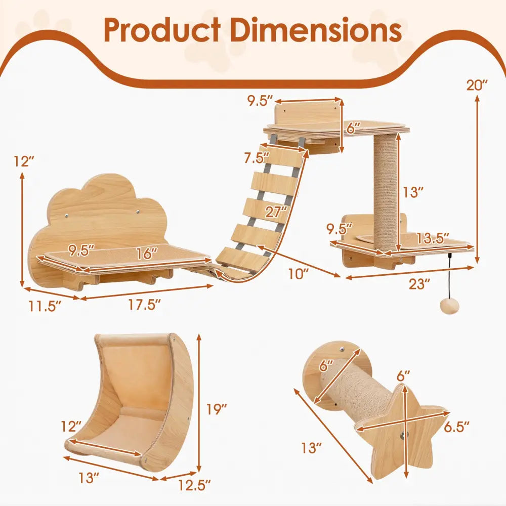 Cat Wall Furniture Set Kitten Wall Mounted Shelves with Hammock-Natural - Natural - Cat Trees Condos & Scratchers
