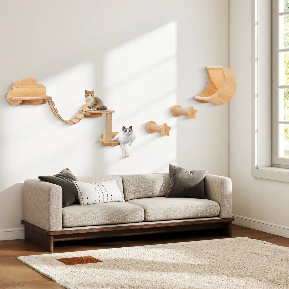 Cat Wall Furniture Set Kitten Wall Mounted Shelves with Hammock-Natural - Natural - Cat Trees Condos & Scratchers