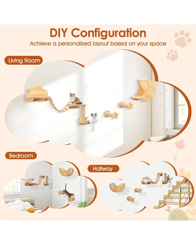 Cat Wall Furniture Set Kitten Wall Mounted Shelves with Hammock-Natural - Natural - Cat Trees Condos & Scratchers