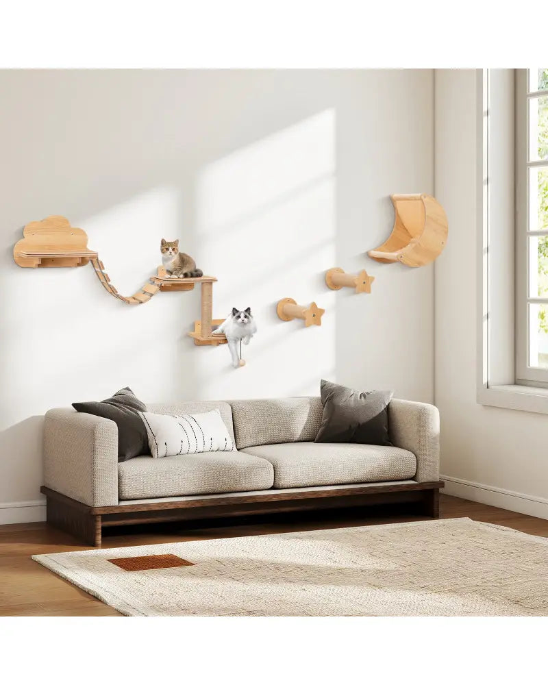 Cat Wall Furniture Set Kitten Wall Mounted Shelves with Hammock-Natural - Natural - Cat Trees Condos & Scratchers