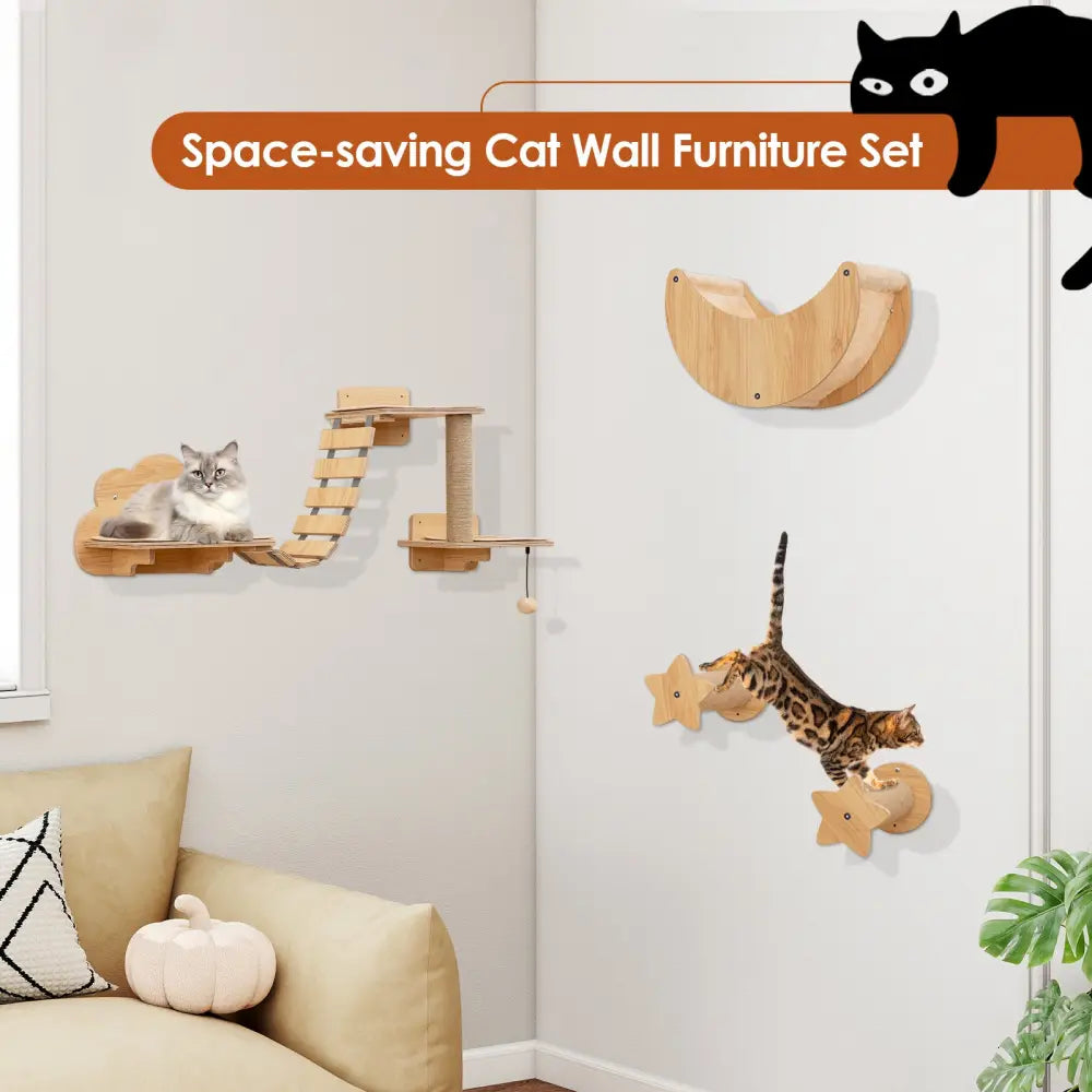 Cat Wall Furniture Set Kitten Wall Mounted Shelves with Hammock-Natural - Natural - Cat Trees Condos & Scratchers