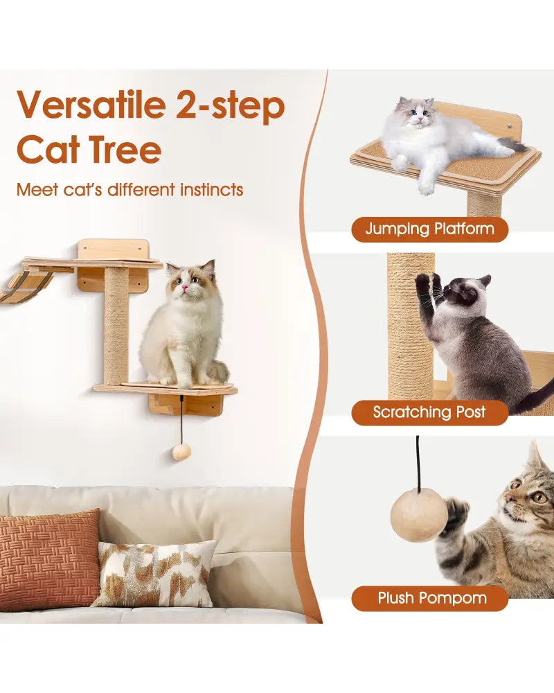 Cat Wall Furniture Set Kitten Wall Mounted Shelves with Hammock-Natural - Natural - Cat Trees Condos & Scratchers