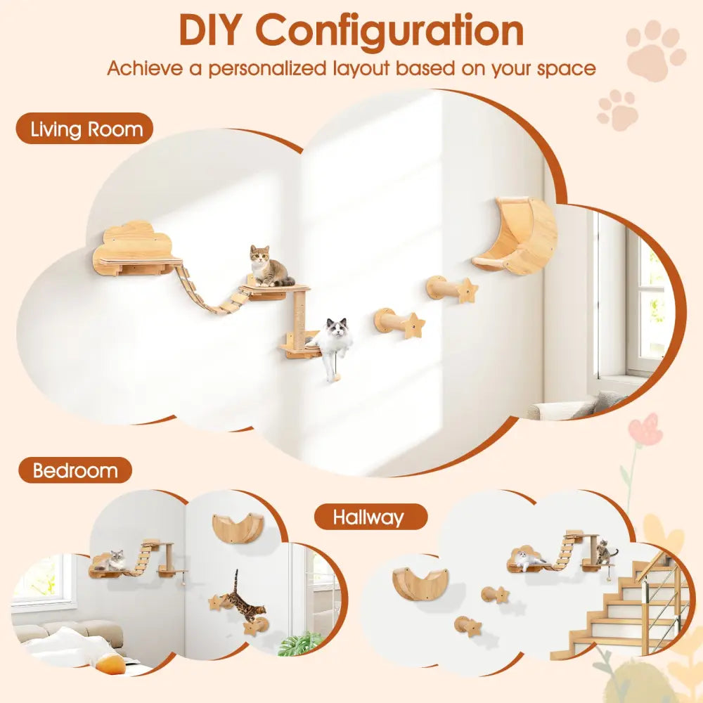 Cat Wall Furniture Set Kitten Wall Mounted Shelves with Hammock-Natural - Natural - Cat Trees Condos & Scratchers