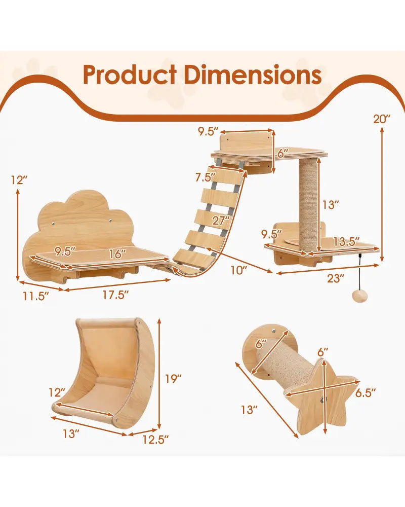 Cat Wall Furniture Set Kitten Wall Mounted Shelves with Hammock-Natural - Natural - Cat Trees Condos & Scratchers