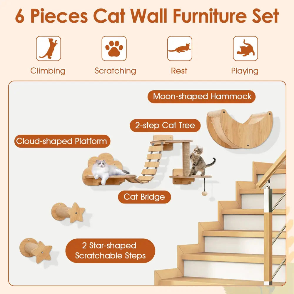 Cat Wall Furniture Set Kitten Wall Mounted Shelves with Hammock-Natural - Natural - Cat Trees Condos & Scratchers