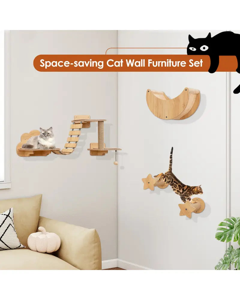 Cat Wall Furniture Set Kitten Wall Mounted Shelves with Hammock-Natural - Natural - Cat Trees Condos & Scratchers
