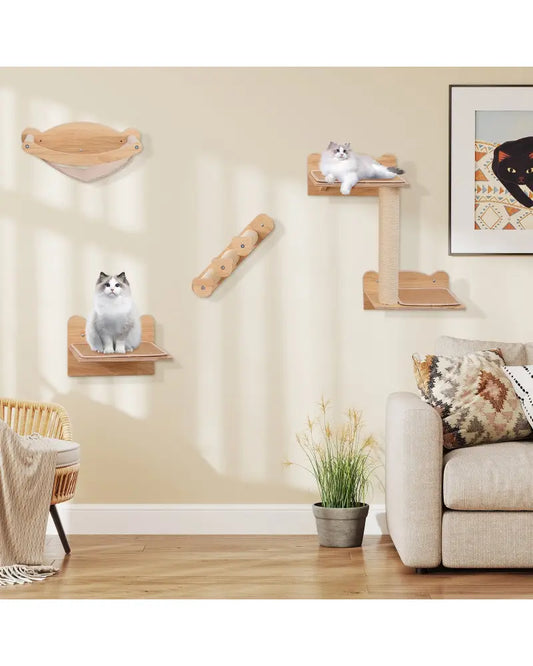 Cat Wall Furniture Set of 4 with Hammock 2-step Cat Tree and Perch-Natural - Natural - Cat Trees Condos & Scratchers