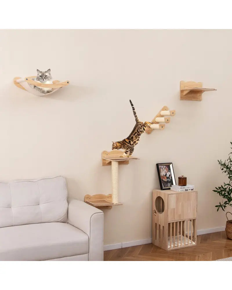 Cat Wall Furniture Set of 4 with Hammock 2-step Cat Tree and Perch-Natural - Natural - Cat Trees Condos & Scratchers