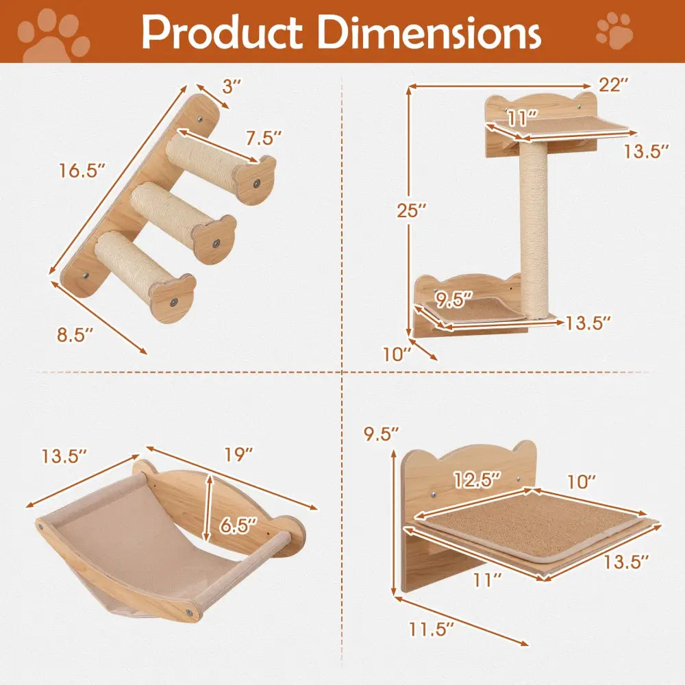 Cat Wall Furniture Set of 4 with Hammock 2-step Cat Tree and Perch-Natural - Natural - Cat Trees Condos & Scratchers