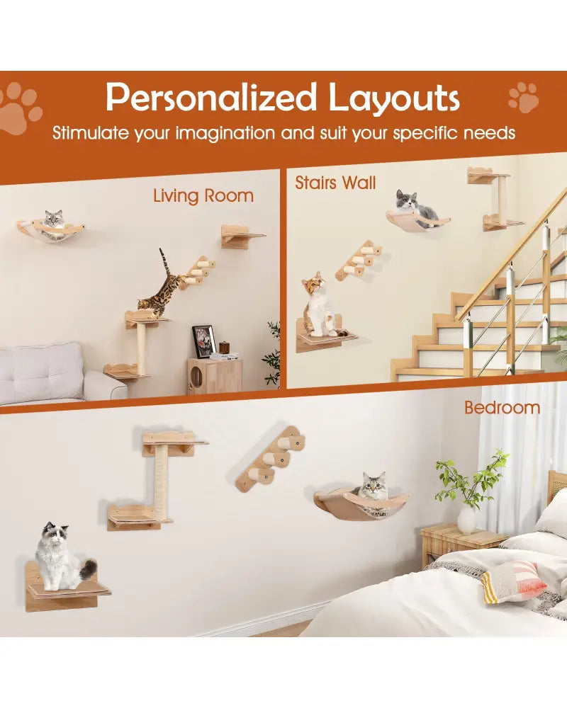 Cat Wall Furniture Set of 4 with Hammock 2-step Cat Tree and Perch-Natural - Natural - Cat Trees Condos & Scratchers