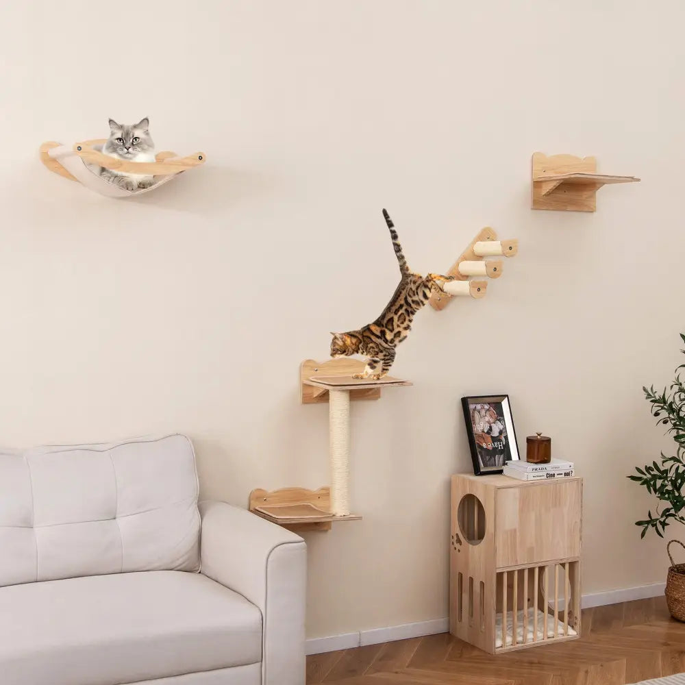 Cat Wall Furniture Set of 4 with Hammock 2-step Cat Tree and Perch-Natural - Natural - Cat Trees Condos & Scratchers