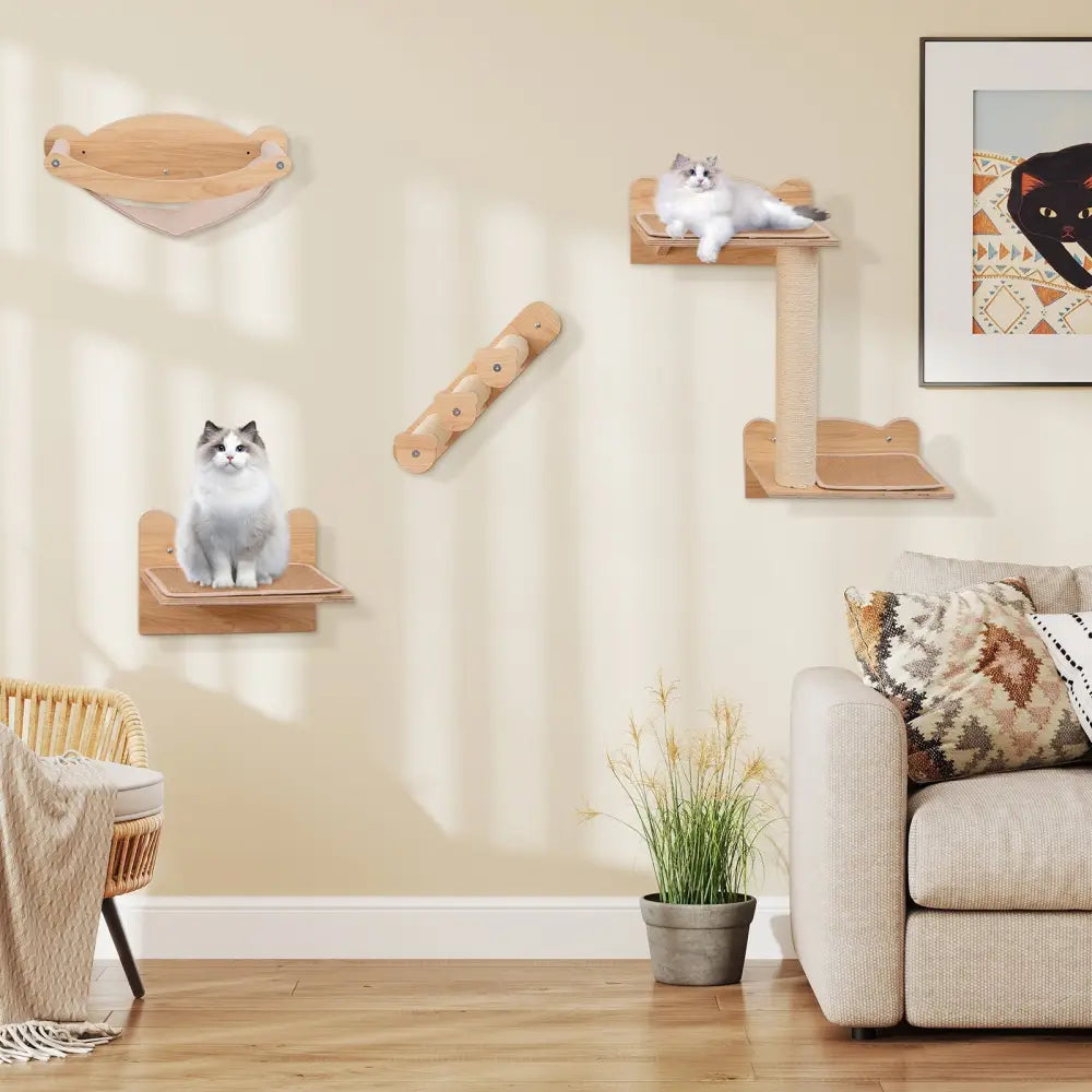 Cat Wall Furniture Set of 4 with Hammock 2-step Cat Tree and Perch-Natural - Natural - Cat Trees Condos & Scratchers