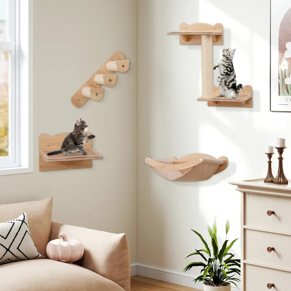 Cat Wall Furniture Set of 4 with Hammock 2-step Cat Tree and Perch-Natural - Natural - Cat Trees Condos & Scratchers