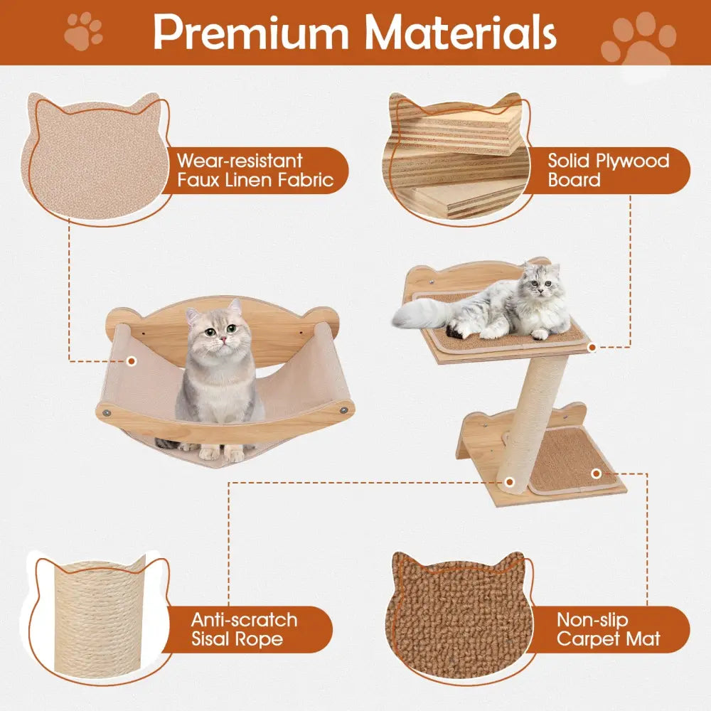 Cat Wall Furniture Set of 4 with Hammock 2-step Cat Tree and Perch-Natural - Natural - Cat Trees Condos & Scratchers